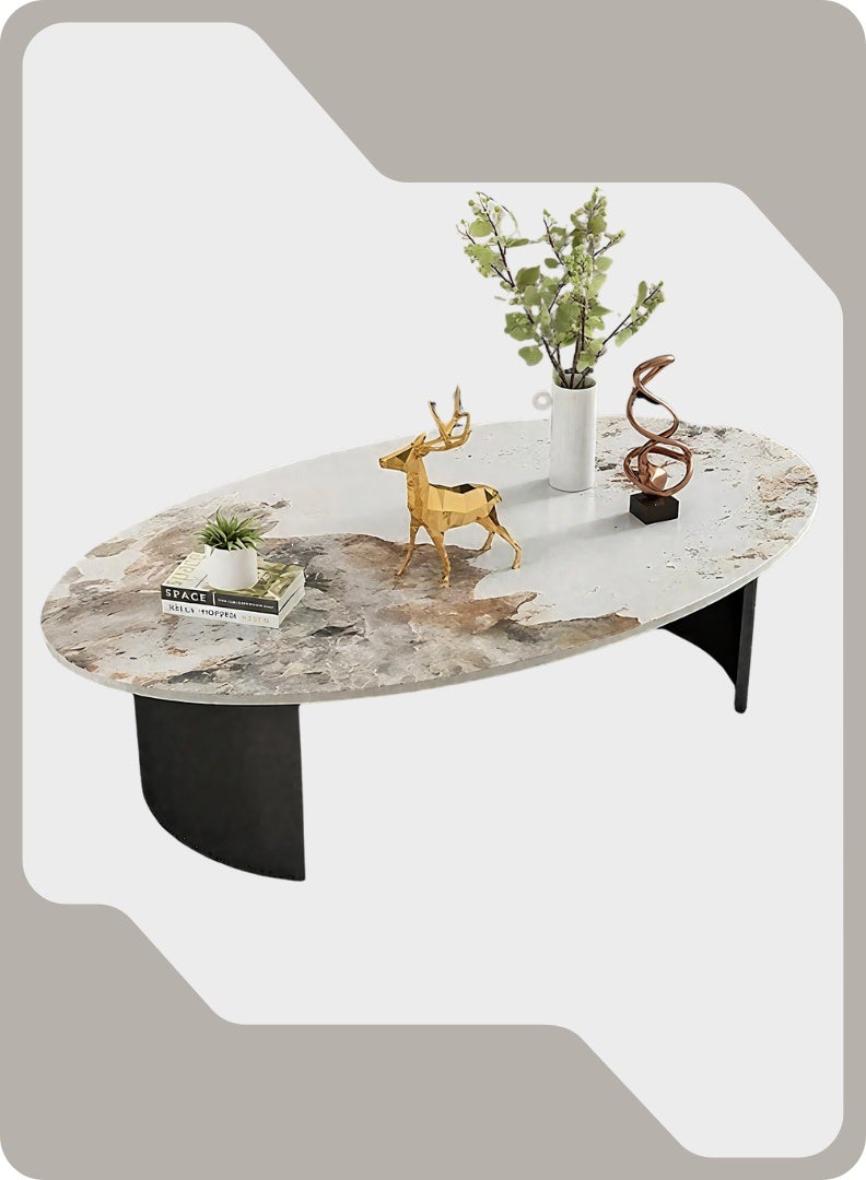 AFT Modern Oval Center Table – 120×60×40 cm, 12 mm Sintered Stone Top in White & Brown Marble Finish with Black Metal Base, Stylish Living Room Coffee Table - Image 4