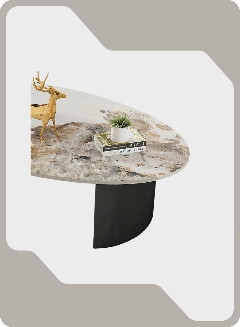 AFT Modern Oval Center Table – 120×60×40 cm, 12 mm Sintered Stone Top in White & Brown Marble Finish with Black Metal Base, Stylish Living Room Coffee Table - Image 5