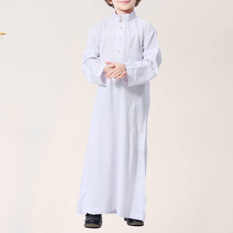 Muslim Robe Middle Eastern Straight Collar Style Sleeve Middle Eastern Arab Gown Clothes for Teenagers Boy- 130CM(White) - Image 5