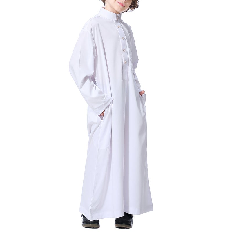 Muslim Robe Middle Eastern Straight Collar Style Sleeve Middle Eastern Arab Gown Clothes for Teenagers Boy- 130CM(White) - Image 1