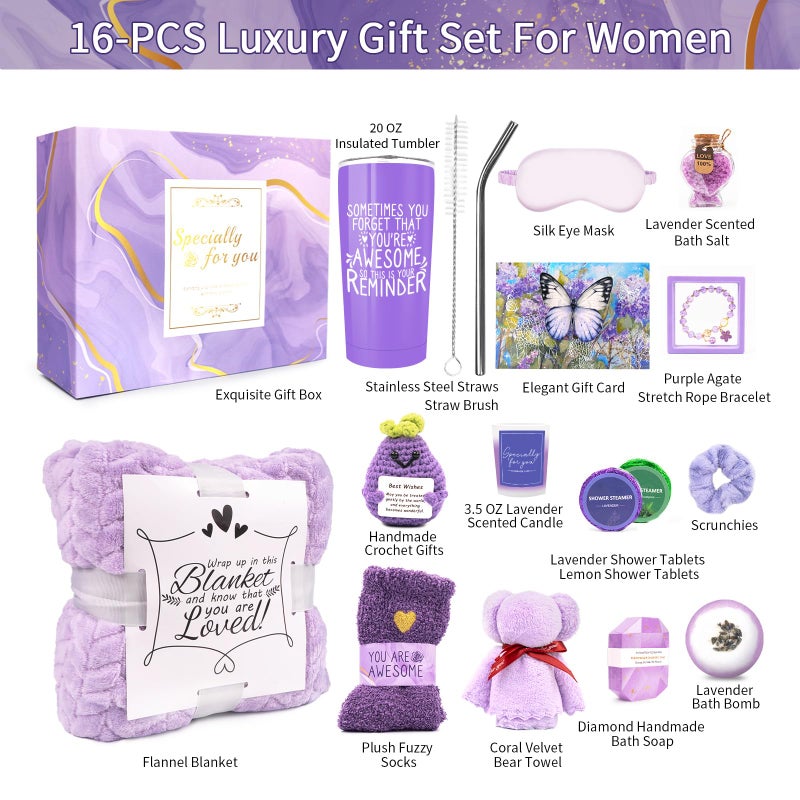 Betem Spa Gifts for Women, Lavender 16 Pcs Valentines Day Gifts for Her Girlfriend Wife Daughter Sister, Self Care Gift Baskets for Women, Thank You, Get Well, Sympathy Inspirational Care Package Spa Basket - Image 2