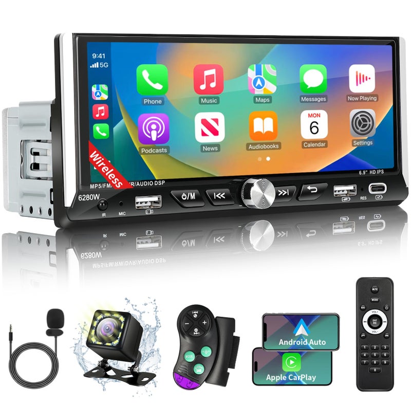 Single Din Touchscreen Car Stereo with Wireless Apple Carplay Android Auto 69 HD IPS Touch Screen Car Stereo with Bluetooth 52 Mirror Link Backup Camera Navigation Dual USB Charge FM AM EQ SWC