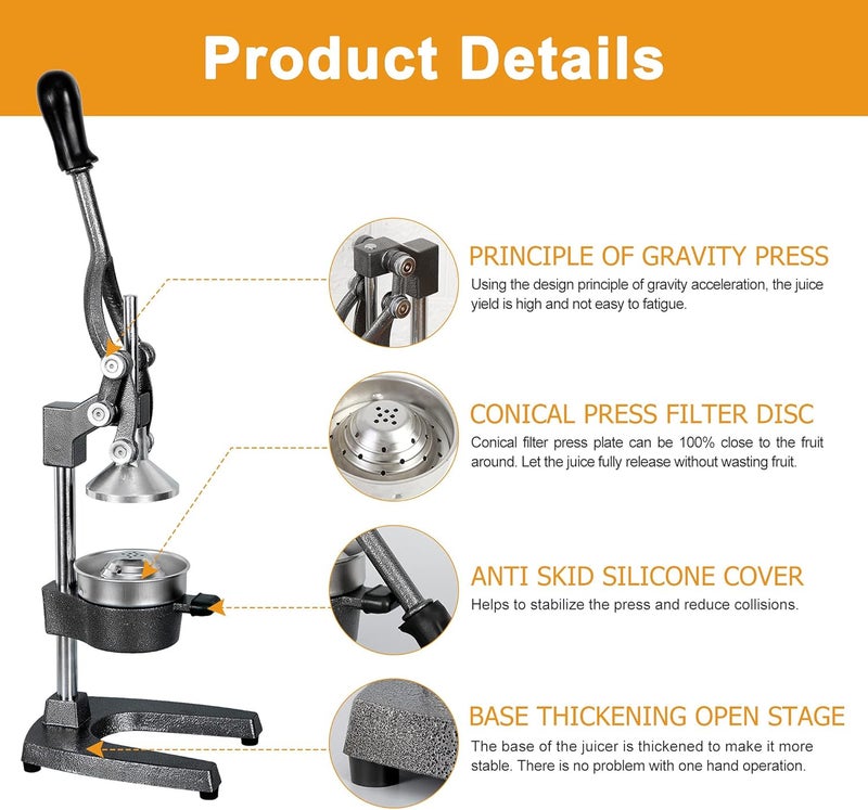 ZENY User feedback upgraded quality Commercial Grade Hand Press Manual Juicer - Home Restaurant Fruit Juice Squeezer - Citrus Squeezer for Lemons Limes Pomegranate Oranges, Grey Balanced structure - Image 5