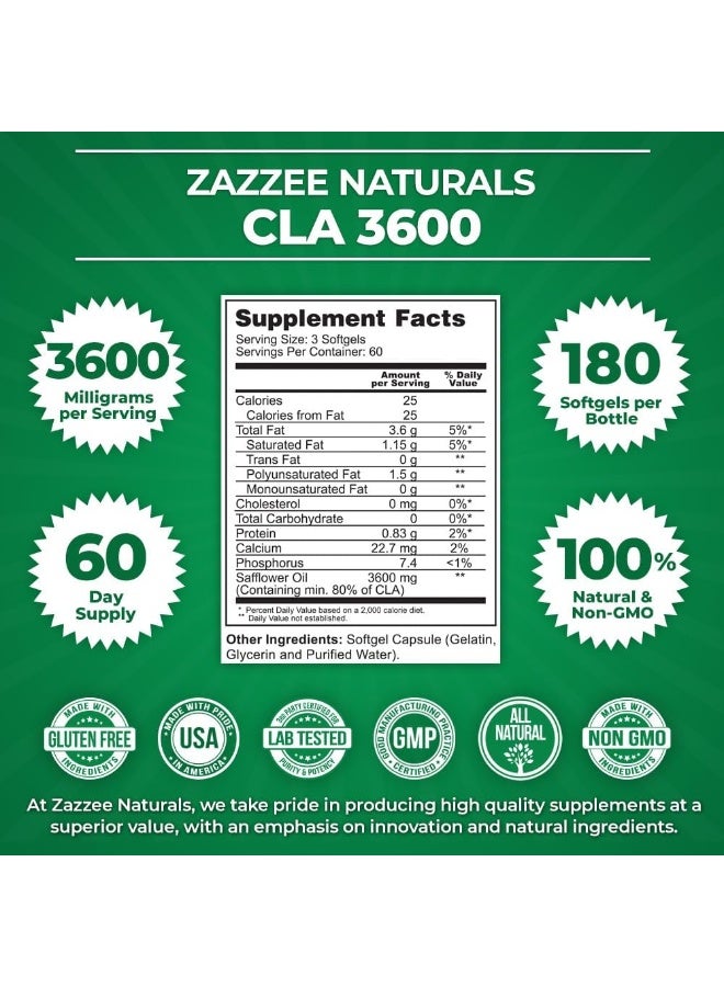 Zazzee CLA, 3600 mg, 180 Softgels, Conjugated Linoleic Acid, Support healthy muscle tone & healthy metabolism. - Image 3