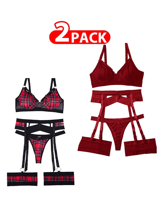 MARGOUN 2 Pack Medium Size Women Sheer Mesh Garter Lingerie Set Strappy Teddy Babydoll Bra and Panty with Leg Ring 4 Piece Lingerie Set - Image 1
