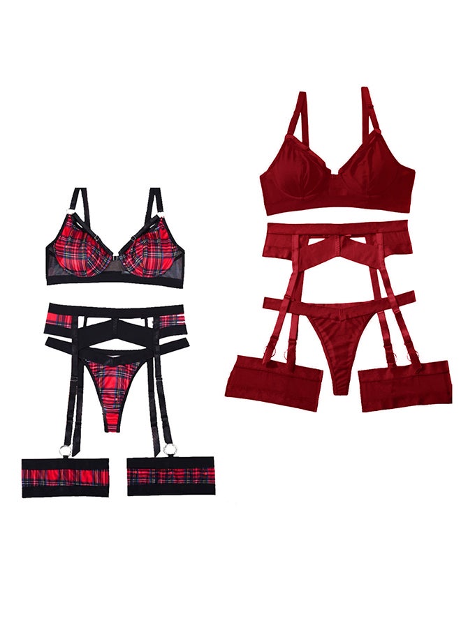 MARGOUN 2 Pack Medium Size Women Sheer Mesh Garter Lingerie Set Strappy Teddy Babydoll Bra and Panty with Leg Ring 4 Piece Lingerie Set - Image 2