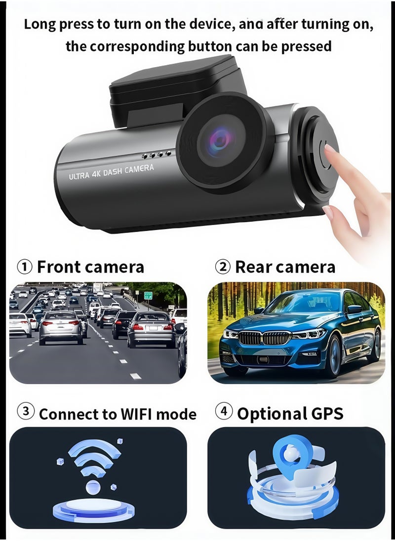 Dash Cam Car 4k Front and 1080P Rear - 2.99 Inch, 128GB Card, Car Dash Camera Built-in GPS WiFi, Night Vision, WDR Video Recorder - Image 2