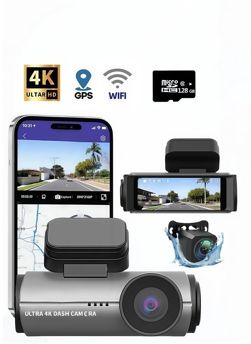 Dash Cam Car 4k Front and 1080P Rear - 2.99 Inch, 128GB Card, Car Dash Camera Built-in GPS WiFi, Night Vision, WDR Video Recorder - Image 1