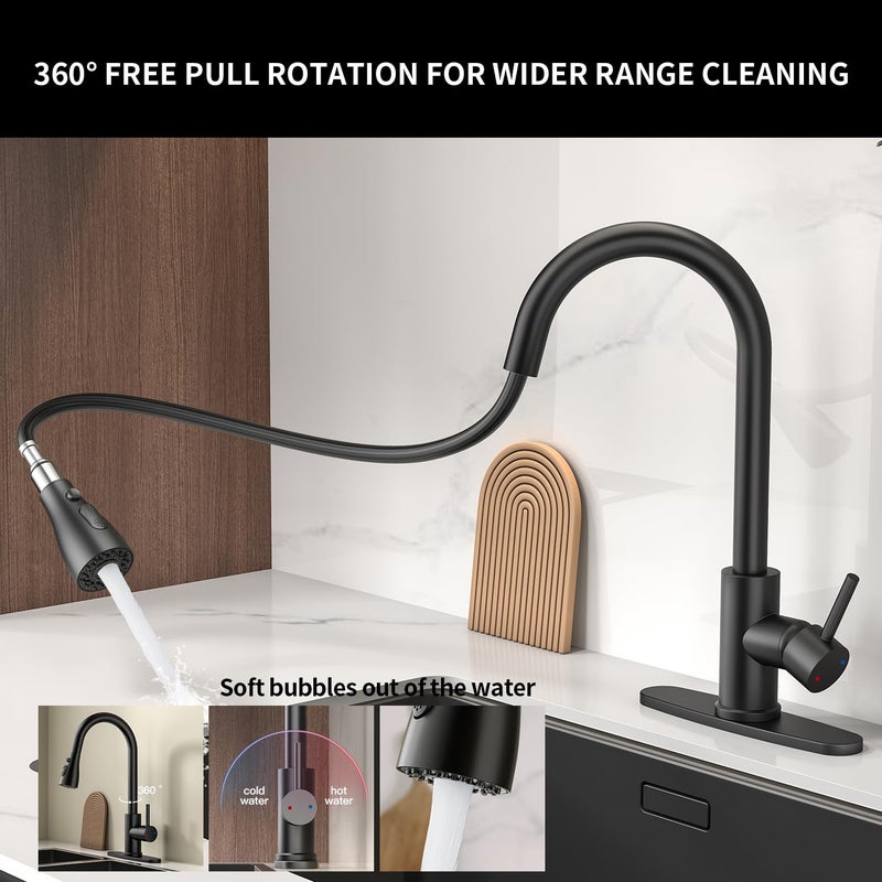 Oersitor Kitchen Faucet with Pull Down Sprayerï¼ŒStainless Steel Single Handle Kitchen Faucetï¼Œ1/3 Hole, Deck Plate Includedï¼ŒSuitable for farmhouses, Campers, Laundry Rooms, RVs, and Bars(Black) - Image 2