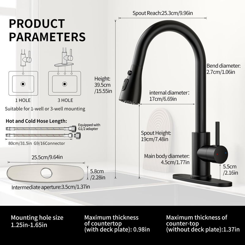 Oersitor Kitchen Faucet with Pull Down Sprayerï¼ŒStainless Steel Single Handle Kitchen Faucetï¼Œ1/3 Hole, Deck Plate Includedï¼ŒSuitable for farmhouses, Campers, Laundry Rooms, RVs, and Bars(Black) - Image 3