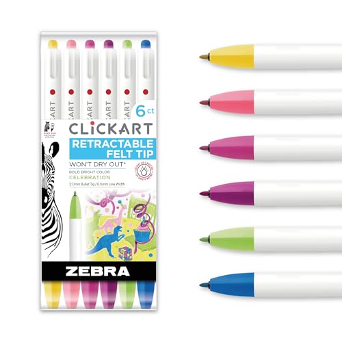 Zebra Pen CLiCKART Retractable Felt Tip Pen Assorted Ink Celebration Colors 06mm Fine Point Moisture Absorbing to Prevent Drying Out No Bleed Ideal for Journaling and Drawing 6Pack 69076 - Image 1