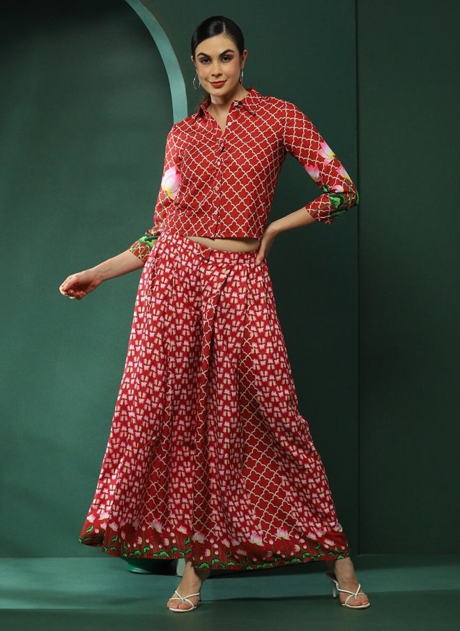 أيه كيه إس قميص وبنطلون بالازو مطبوع بالزهور بلون عنابي للنساء - Image 5