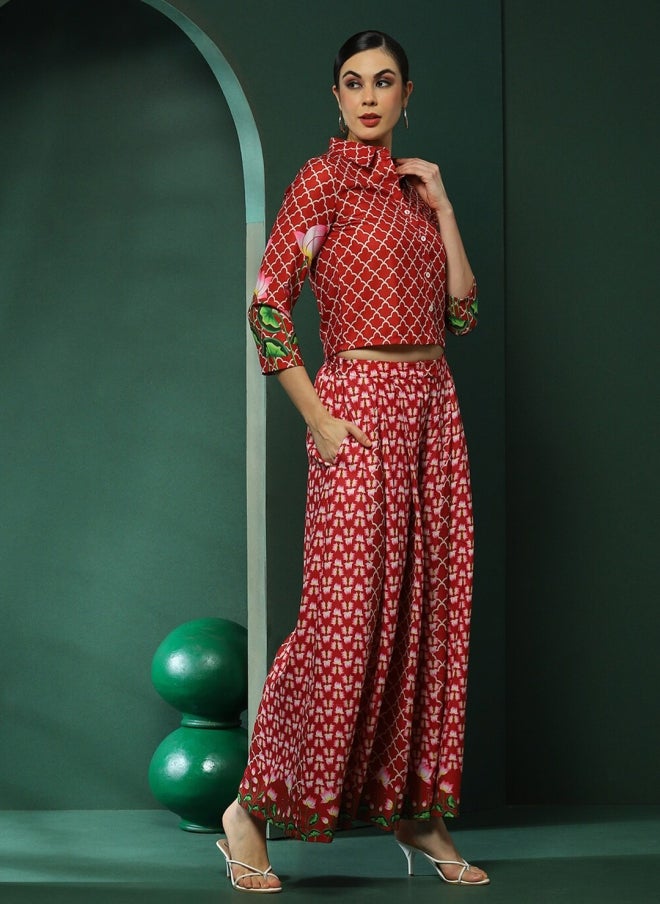 أيه كيه إس قميص وبنطلون بالازو مطبوع بالزهور بلون عنابي للنساء - Image 4