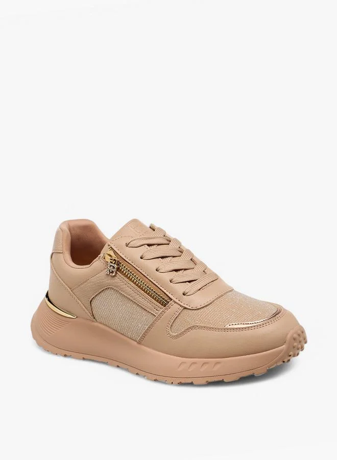 Flora Bella By Shoexpress PINK Glitter Panelled Sneakers With Lace-Up Closure for Women | Best Price UAE