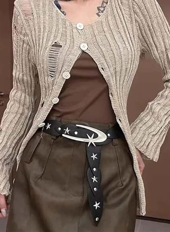 Star Studded Belt Y2k Belt Black Fashion Leather Belt Adjustable Vintage Waist Belt For Women Belt Suitable For Jeans Skirts - Image 2