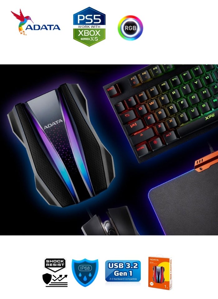 ADATA - HD770G RGB 1TB External HDD Portable Hard Drive for PS5 XBOX Gaming Waterproof and Dustproof | Red - Image 1
