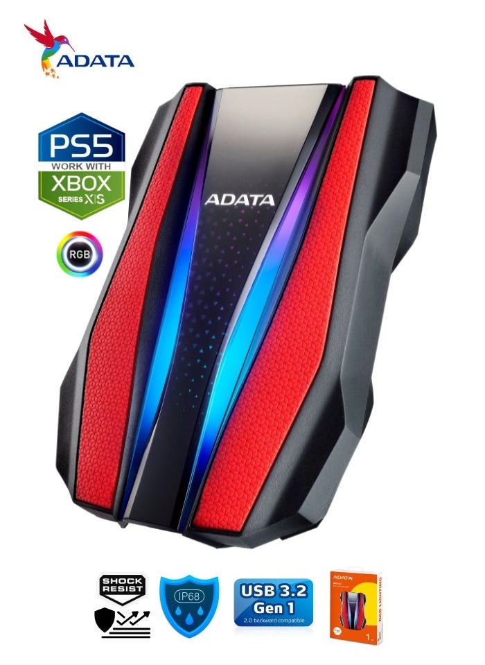 ADATA - HD770G RGB 1TB External HDD Portable Hard Drive for PS5 XBOX Gaming Waterproof and Dustproof | Red - Image 1