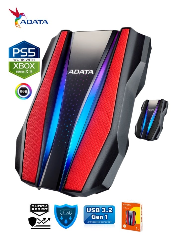 ADATA - HD770G RGB 1TB External HDD Portable Hard Drive for PS5 XBOX Gaming Waterproof and Dustproof | Red - Image 1