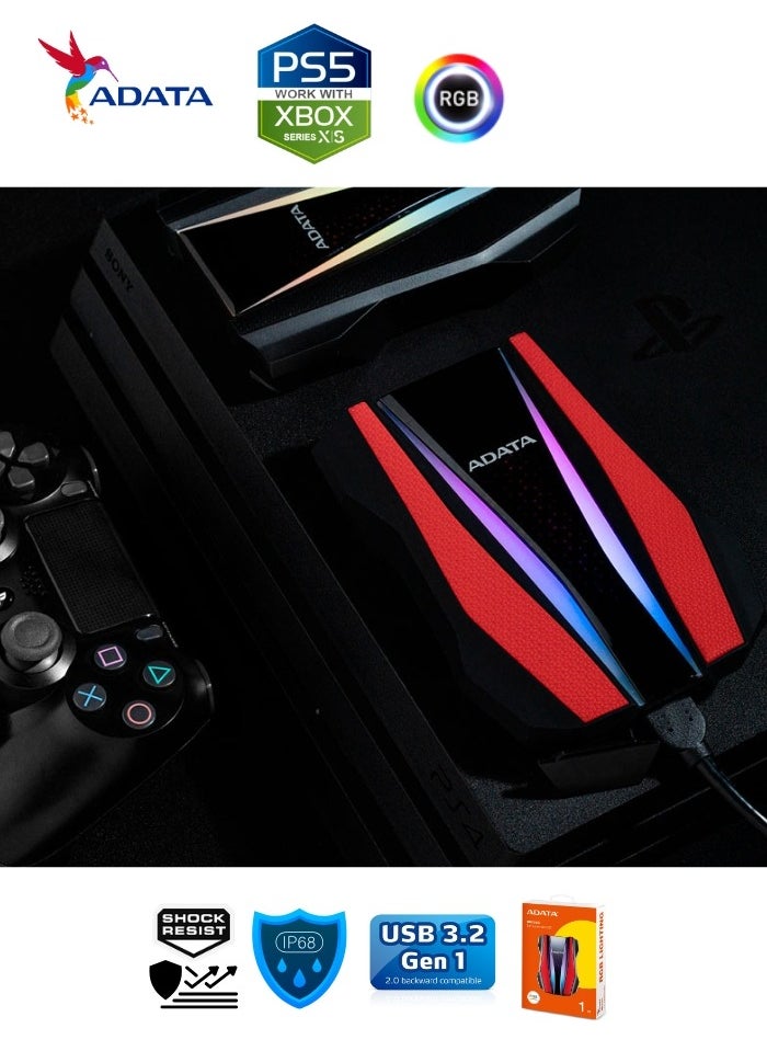 ADATA - HD770G RGB 1TB External HDD Portable Hard Drive for PS5 XBOX Gaming Waterproof and Dustproof | Red - Image 1