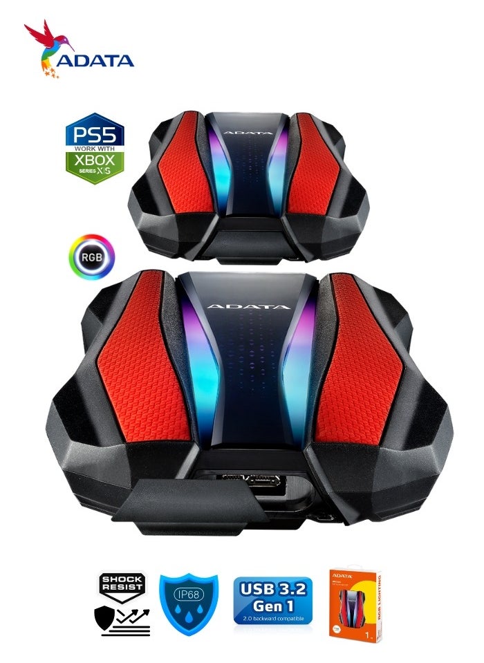 ADATA - HD770G RGB 1TB External HDD Portable Hard Drive for PS5 XBOX Gaming Waterproof and Dustproof | Red - Image 1