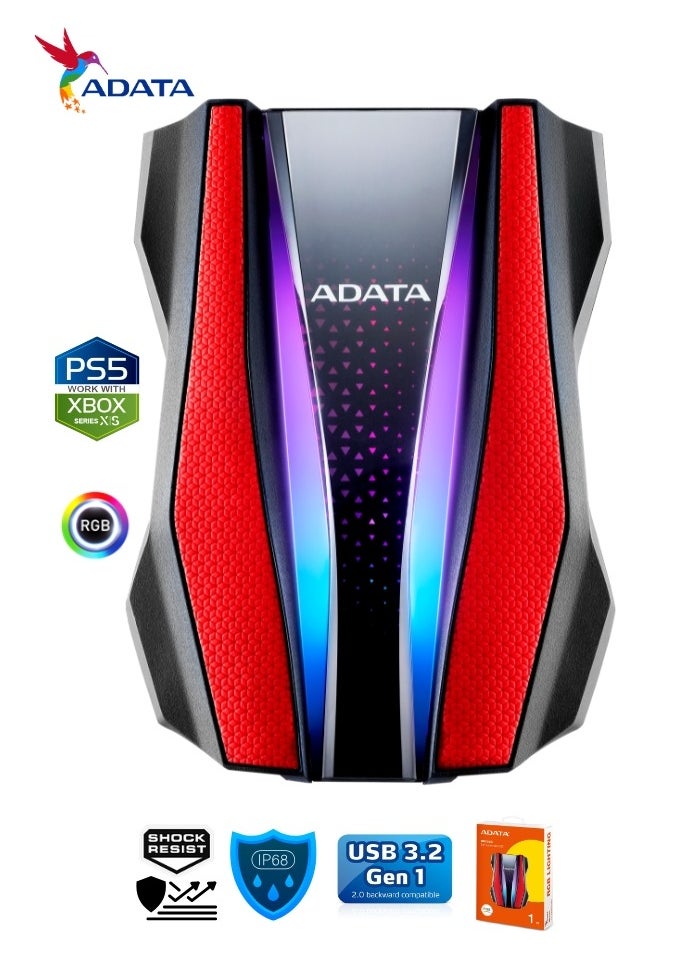 ADATA - HD770G RGB 1TB External HDD Portable Hard Drive for PS5 XBOX Gaming Waterproof and Dustproof | Red - Image 1