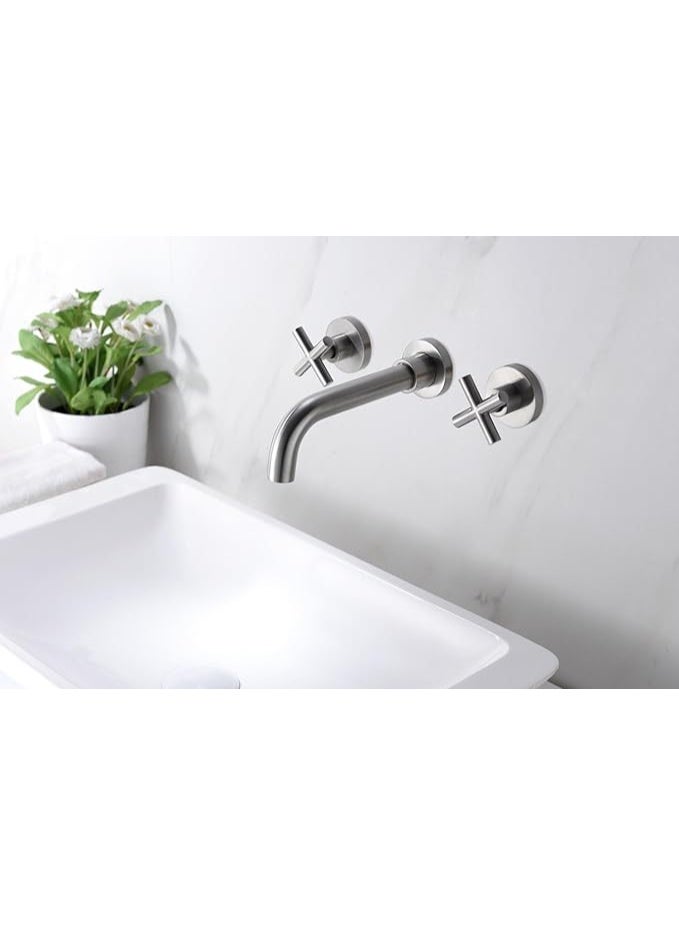 واي دي صنبور حوض حمام يُثبّت على الحائط بمقبضين متقاطعين، مصنوع من النحاس الصلب، ذو فوهة طويلة، خلاط حوض، ماء ساخن وبارد، صنبور حوض غسيل عصري. - Image 2