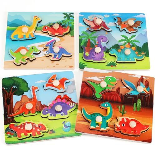 Slotic Wooden Peg Puzzles for Toddlers 13 Kids Educational Preschool Peg Puzzle Toy Ages 24 Set of 4 Dinosaur Toddler Puzzles Ideal Gift for Ages 1 2 3 4 Boys and Girls - Image 1