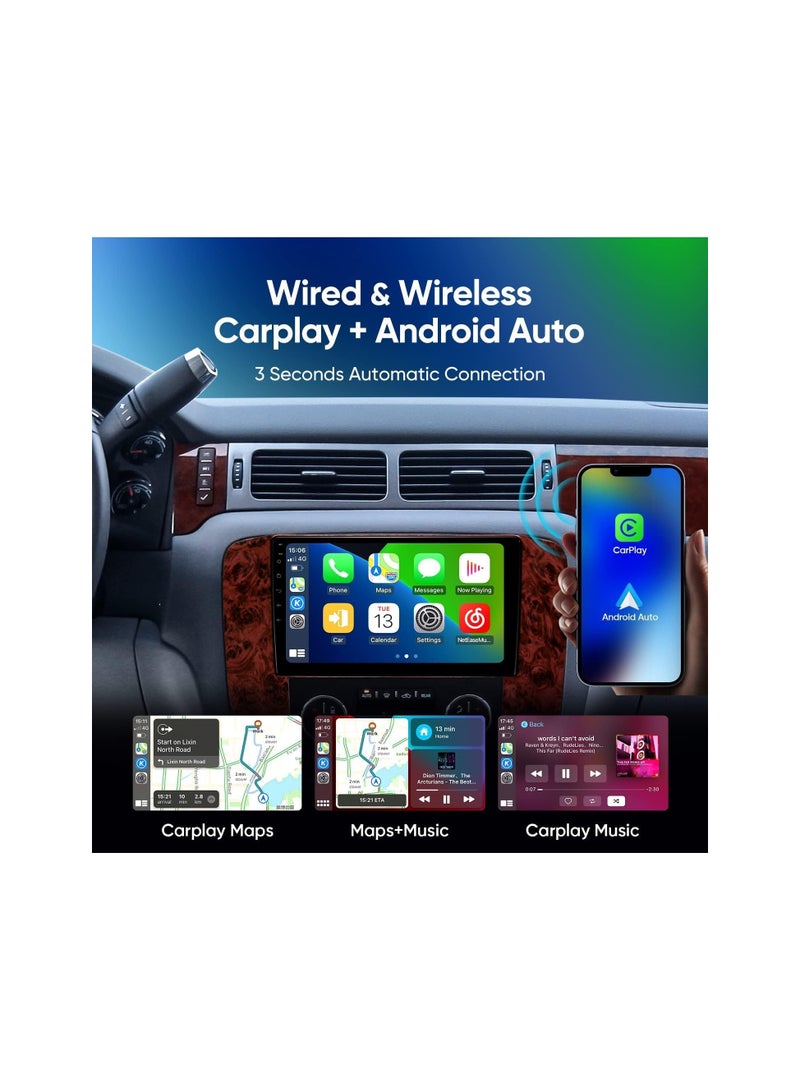 Android Car Stereo for GMC Yukon Tahoe Suburban 2007-2012 Chevrolet Silverado 2010-2013 6GB RAM 128GB ROM 9 Inch Support SIM Card, Apple Carplay, MirrorLink WiFi BT, IPS Touch Screen with AHD Camera