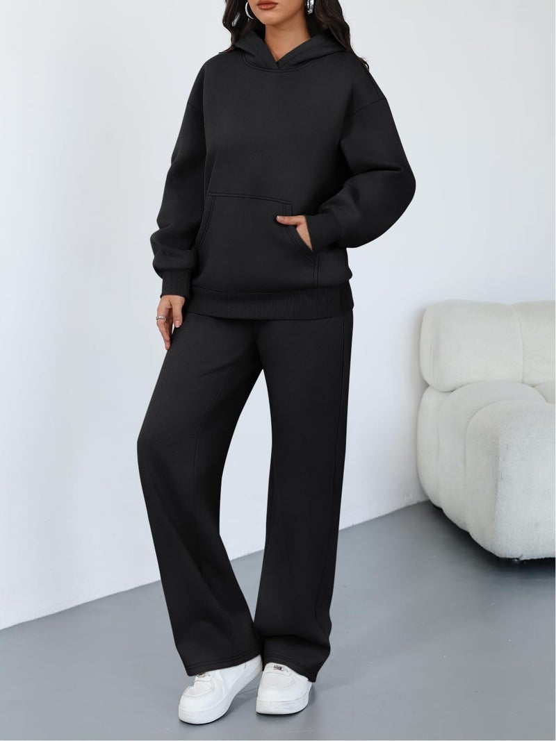 Trendy Queen 2 Piece Lounge Sweat Sets Plus Size Fall Fashion Matching Sweatsuits Wide Leg Pants Travel Outfit Winter Clothes Black M - Image 3
