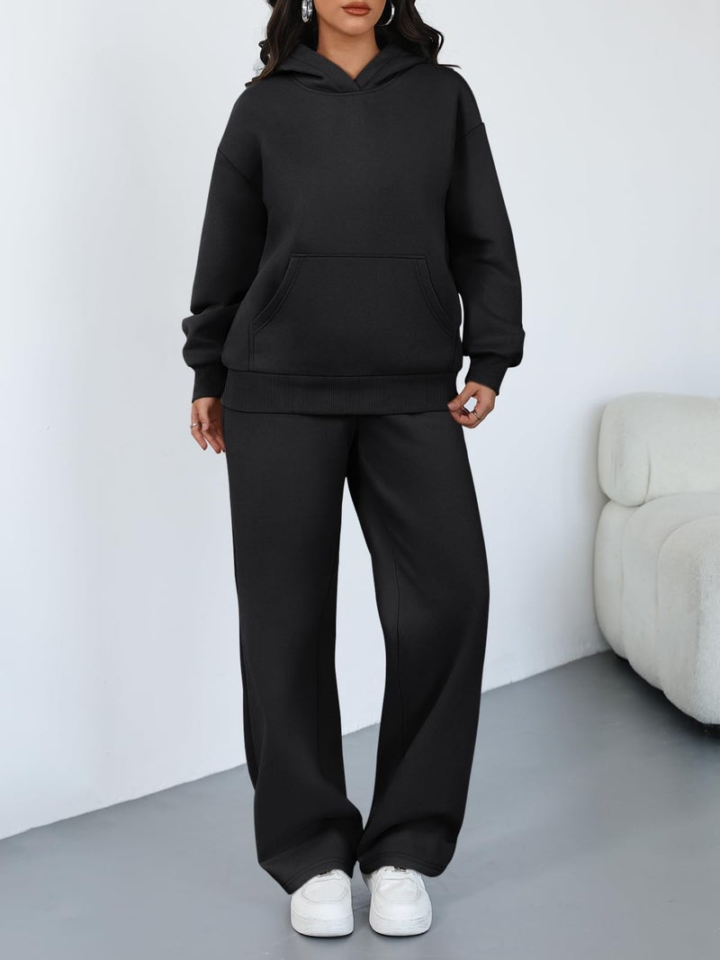 Trendy Queen 2 Piece Lounge Sweat Sets Plus Size Fall Fashion Matching Sweatsuits Wide Leg Pants Travel Outfit Winter Clothes Black M - Image 2
