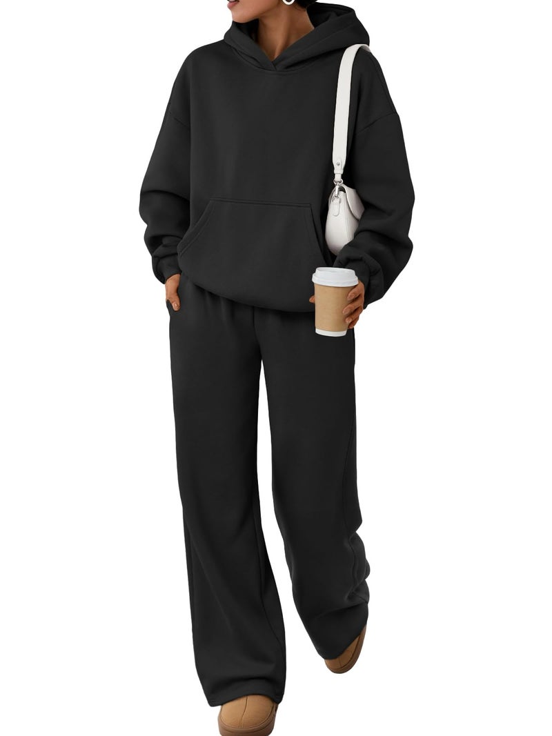 Trendy Queen 2 Piece Lounge Sweat Sets Plus Size Fall Fashion Matching Sweatsuits Wide Leg Pants Travel Outfit Winter Clothes Black M - Image 1