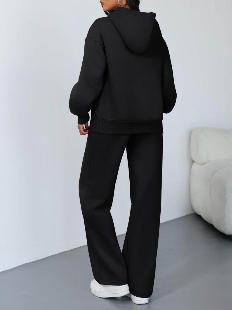 Trendy Queen 2 Piece Lounge Sweat Sets Plus Size Fall Fashion Matching Sweatsuits Wide Leg Pants Travel Outfit Winter Clothes Black M - Image 4