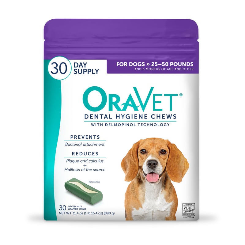 ORAVET Dental Chews for Dogs, Oral Care and Hygiene Chews (Medium Dogs, 25-50 lbs.) Purple Pouch, 30 Count - Image 1
