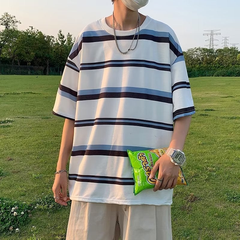 Striped short-sleeved T-shirt men's ins American retro summer thin high street fashion brand trendy all-match loose five-point T-shirt - Image 1