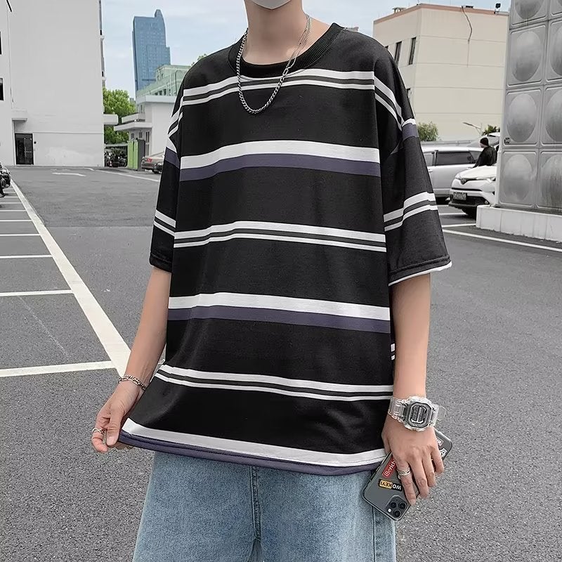 Striped short-sleeved T-shirt men's ins American retro summer thin high street fashion brand trendy all-match loose five-point T-shirt - Image 4