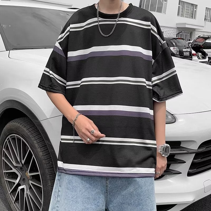 Striped short-sleeved T-shirt men's ins American retro summer thin high street fashion brand trendy all-match loose five-point T-shirt - Image 3