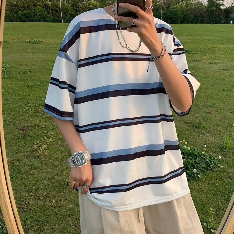Striped short-sleeved T-shirt men's ins American retro summer thin high street fashion brand trendy all-match loose five-point T-shirt - Image 5