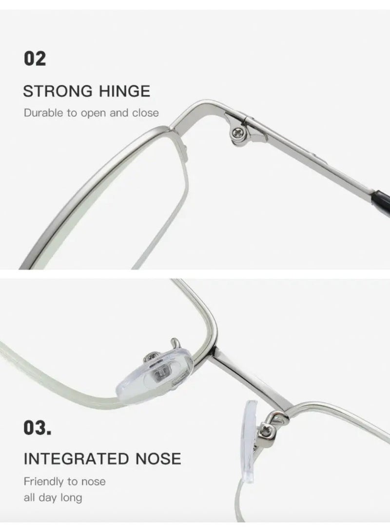 Booma Opticals JESSIE -S +1.50 Silver Frame Reading Glasses, Presbyopia, Prescription Eyeglasses, Corrective Anti-Blue Light Lenses for Men & Women, Unisex – Silver Metal Frame and Hinge, Stylish Square Design, Computer Screen Eyestrain Relief - Image 5