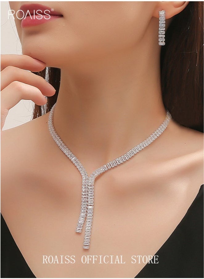 roaiss 3 Pcs Zircon Necklace Earrings Set Ear Drop Dangle Diamond Bridal Dress Accessories for Women Silver/Clear  - Image 1