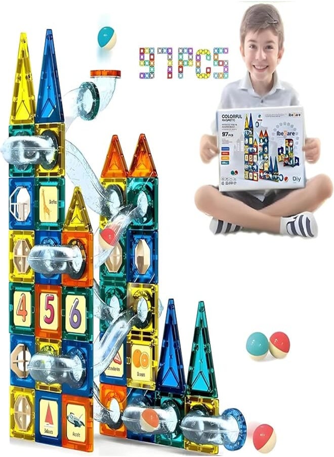 Ibecare Magnetic Tiles | Magnetic Marble Run Set | STEM Educational Toy for Kids | 3D Building Blocks | Best Gift for Boys & Girls 3+ | Marble Run with Race Tracks, Maze Games (97 pieces) 