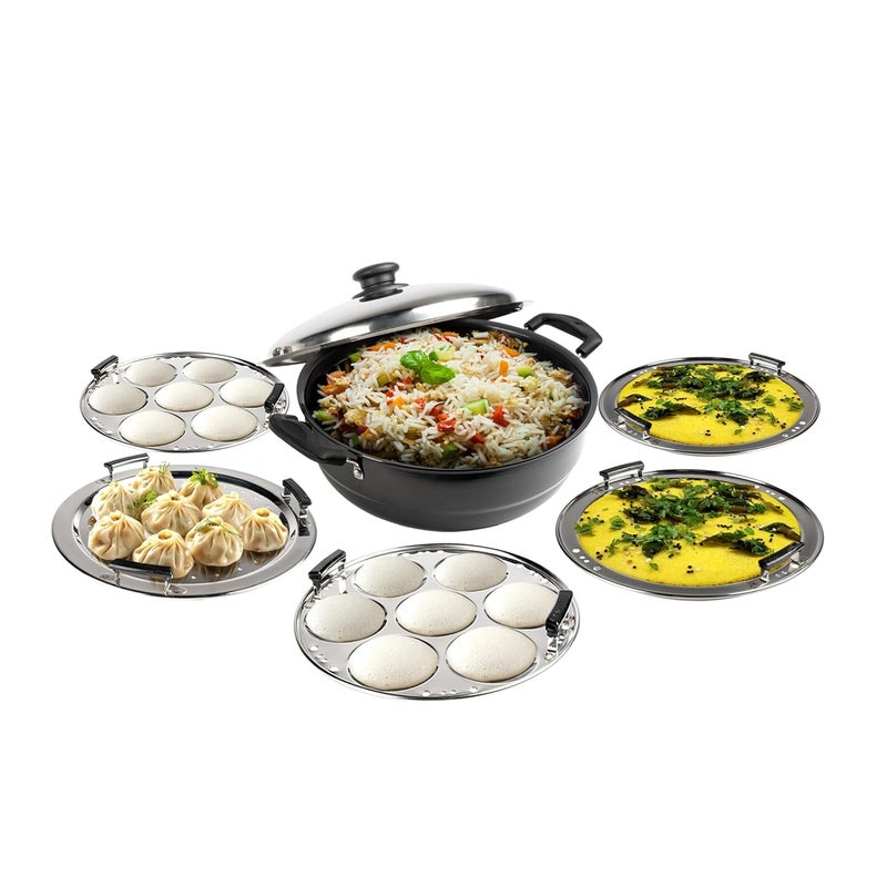 AGARO Elite Hard Anodised Multi Kadhai with Stainless Steel Lid, 5L, Gas Compatible, 3mm Thick Body, Riveted Handle - Image 1