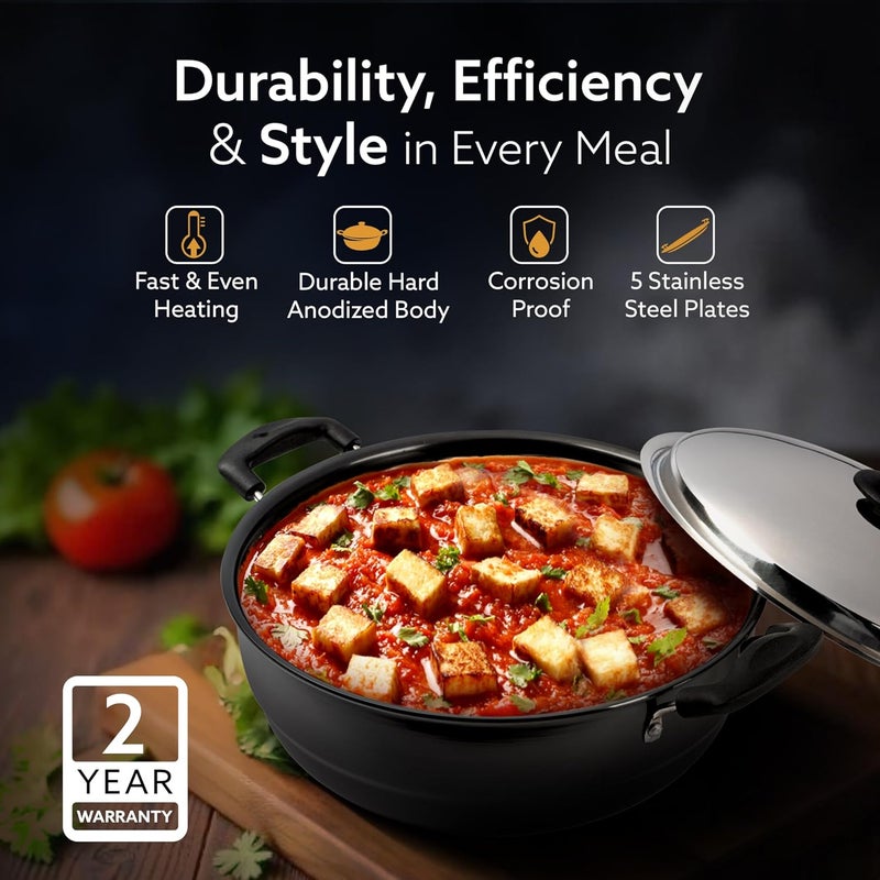 AGARO Elite Hard Anodised Multi Kadhai with Stainless Steel Lid, 5L, Gas Compatible, 3mm Thick Body, Riveted Handle - Image 2