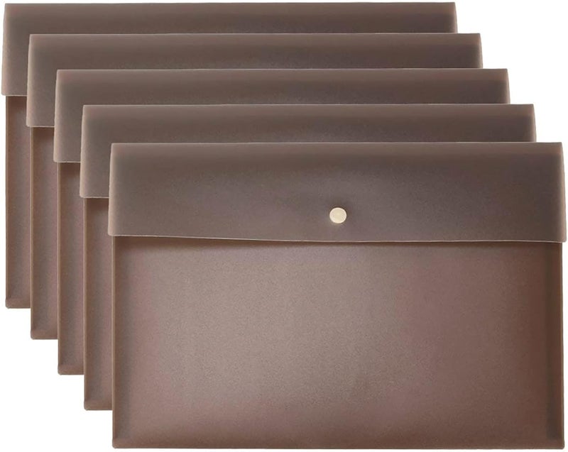 Khazna Document File Folder, Pockets File Jacket, Plastic Envelope Flat Document Letter, Organizer with Snap Button Closure A4 Letter Size (Pack of 5, Brown) - Image 1