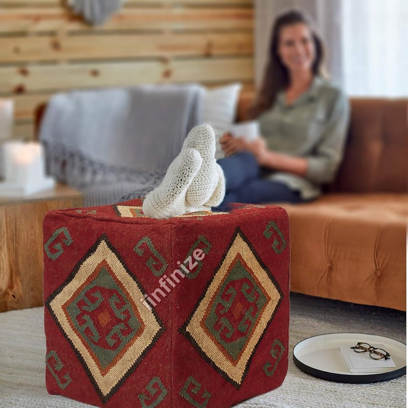 iinfinize Kilim Foot Stool for Office Home Decor Footrest Handmade Wool Jute Stylish Bean Bag Throw Vintage Woven Ottoman with Storage Living Room Sitting Furniture Pouffes Luxury Large Muddha Pouf - Image 1