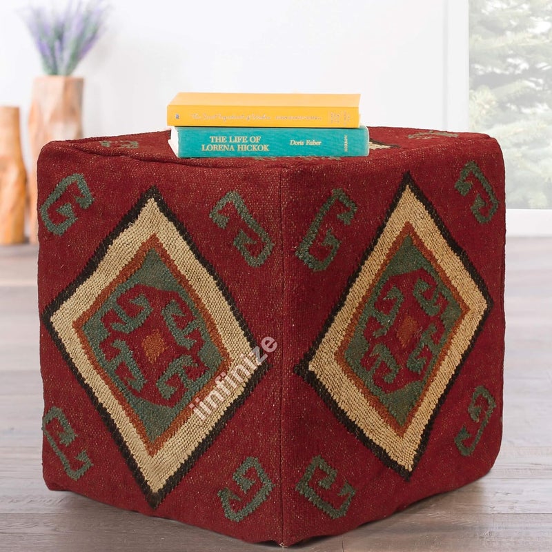 iinfinize Kilim Foot Stool for Office Home Decor Footrest Handmade Wool Jute Stylish Bean Bag Throw Vintage Woven Ottoman with Storage Living Room Sitting Furniture Pouffes Luxury Large Muddha Pouf - Image 3