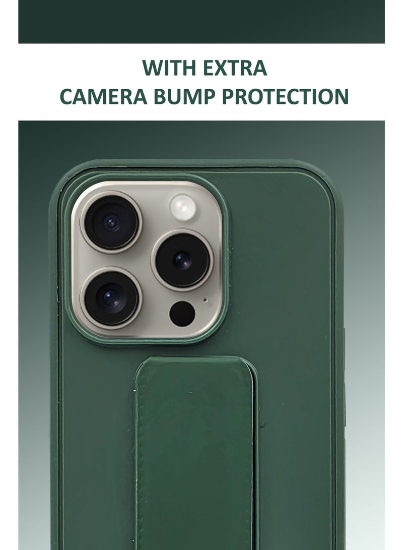 GMATE Apple iPhone 15 Pro - Hard Silicone Magnetic Back Stand Case  With Foldable Kickstand & Finger Strap  - Green - Image 3