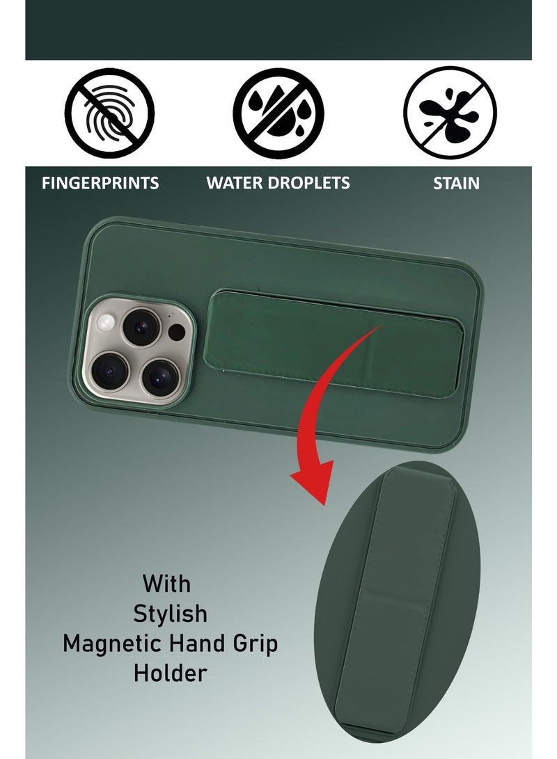 GMATE Apple iPhone 15 Pro - Hard Silicone Magnetic Back Stand Case  With Foldable Kickstand & Finger Strap  - Green - Image 4