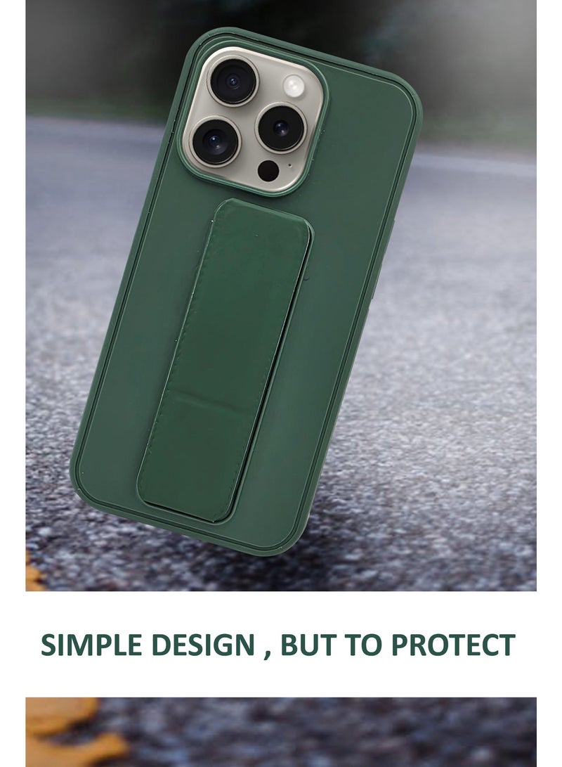 GMATE Apple iPhone 15 Pro - Hard Silicone Magnetic Back Stand Case  With Foldable Kickstand & Finger Strap  - Green - Image 2