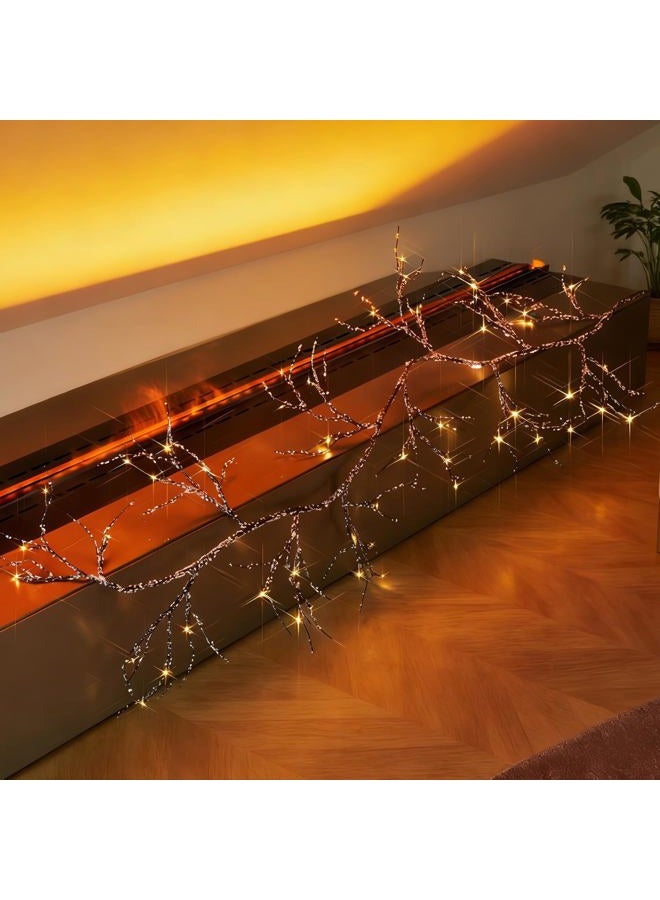 Fudios Lighted Iced Garland with Timer 48 LED Fairy Lights 6ft Battery or USB Plug for Mantle Decor, Lit Christmas Brown Twig Garland Winter Home Holiday Indoor Use - Image 1
