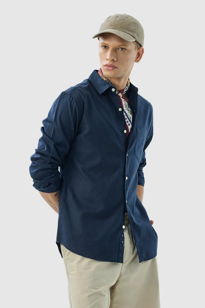 SNITCH Navy Slim Fit Linen Blend Shirt